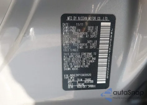 2012 Nissan Quest Sv z USA, uszkodzony, nr VIN JN8AE2KP1C9035520